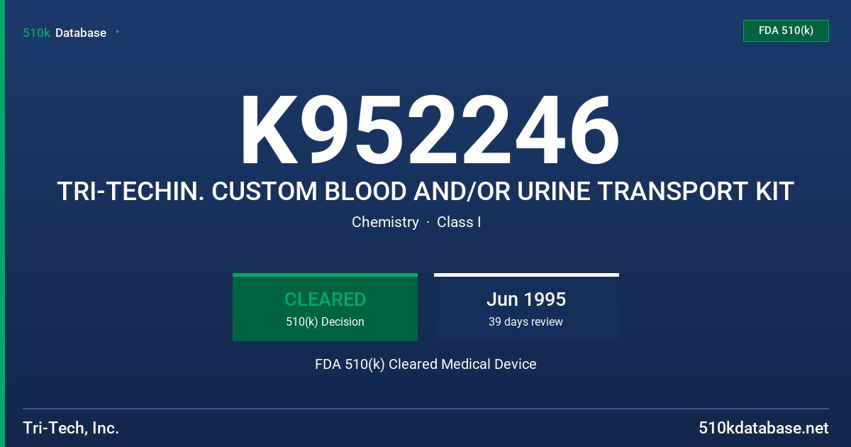 K952246 TRI-TECHIN. CUSTOM BLOOD AND/OR URINE TRANSPORT KIT FDA 510(k) Cleared Medical Device