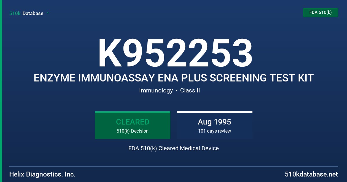K952253 ENZYME IMMUNOASSAY ENA PLUS SCREENING TEST KIT FDA 510(k) Cleared Medical Device