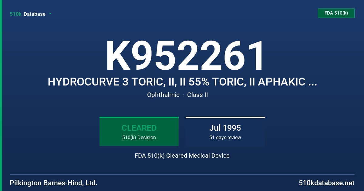 K952261 HYDROCURVE 3 TORIC, II, II 55% TORIC, II APHAKIC 55%, SOFT MATE II, CUSTOM EYES 55% FDA 510(k) Cleared Medical Device