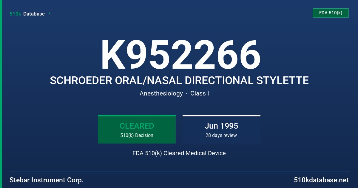 K952266 SCHROEDER ORAL/NASAL DIRECTIONAL STYLETTE FDA 510(k) Cleared Medical Device