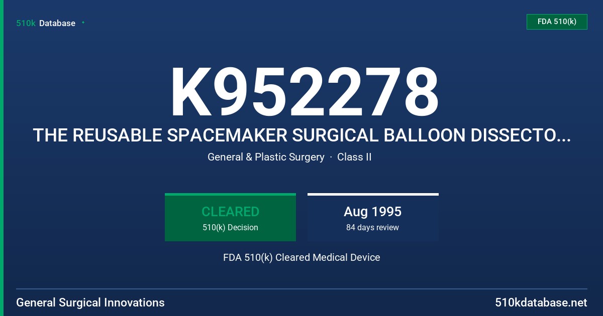 K952278 THE REUSABLE SPACEMAKER SURGICAL BALLOON DISSECTOR & CANNULA FDA 510(k) Cleared Medical Device
