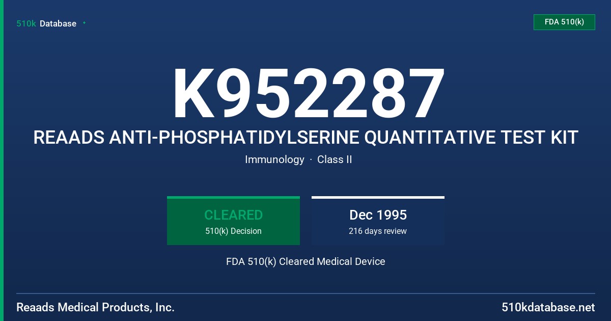 K952287 REAADS ANTI-PHOSPHATIDYLSERINE QUANTITATIVE TEST KIT FDA 510(k) Cleared Medical Device
