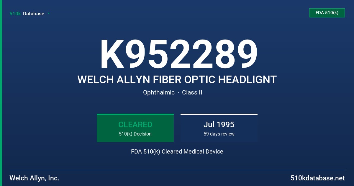 K952289 WELCH ALLYN FIBER OPTIC HEADLIGNT FDA 510(k) Cleared Medical Device