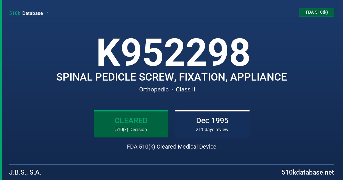 K952298 SPINAL PEDICLE SCREW, FIXATION, APPLIANCE FDA 510(k) Cleared Medical Device