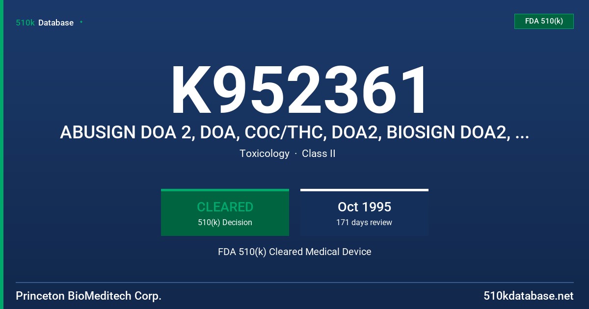 K952361 ABUSIGN DOA 2, DOA, COC/THC, DOA2, BIOSIGN DOA2, COC/THC FDA 510(k) Cleared Medical Device