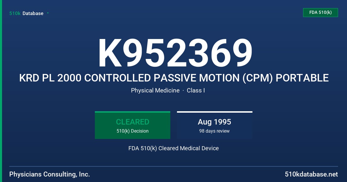 K952369 KRD PL 2000 CONTROLLED PASSIVE MOTION (CPM) PORTABLE FDA 510(k) Cleared Medical Device