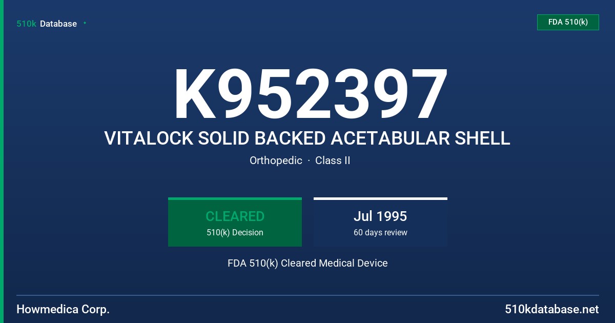 K952397 VITALOCK SOLID BACKED ACETABULAR SHELL FDA 510(k) Cleared Medical Device