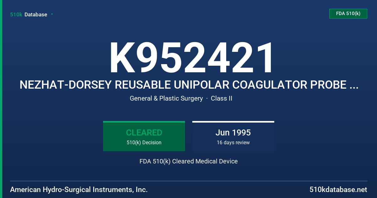 K952421 NEZHAT-DORSEY REUSABLE UNIPOLAR COAGULATOR PROBE INSERTS FDA 510(k) Cleared Medical Device
