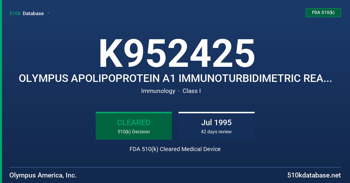 K952425 OLYMPUS APOLIPOPROTEIN A1 IMMUNOTURBIDIMETRIC REAGENT FDA 510(k) Cleared Medical Device