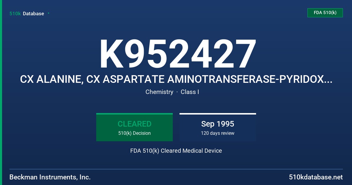 K952427 CX ALANINE, CX ASPARTATE AMINOTRANSFERASE-PYRIDOXAL-5-PHOSPHATE, CX CREATINE PHOSPHOKINASE-N-ACETYL-L-CYSTEINE FDA 510(k) Cleared Medical Device