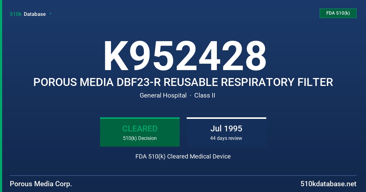 K952428 POROUS MEDIA DBF23-R REUSABLE RESPIRATORY FILTER FDA 510(k) Cleared Medical Device