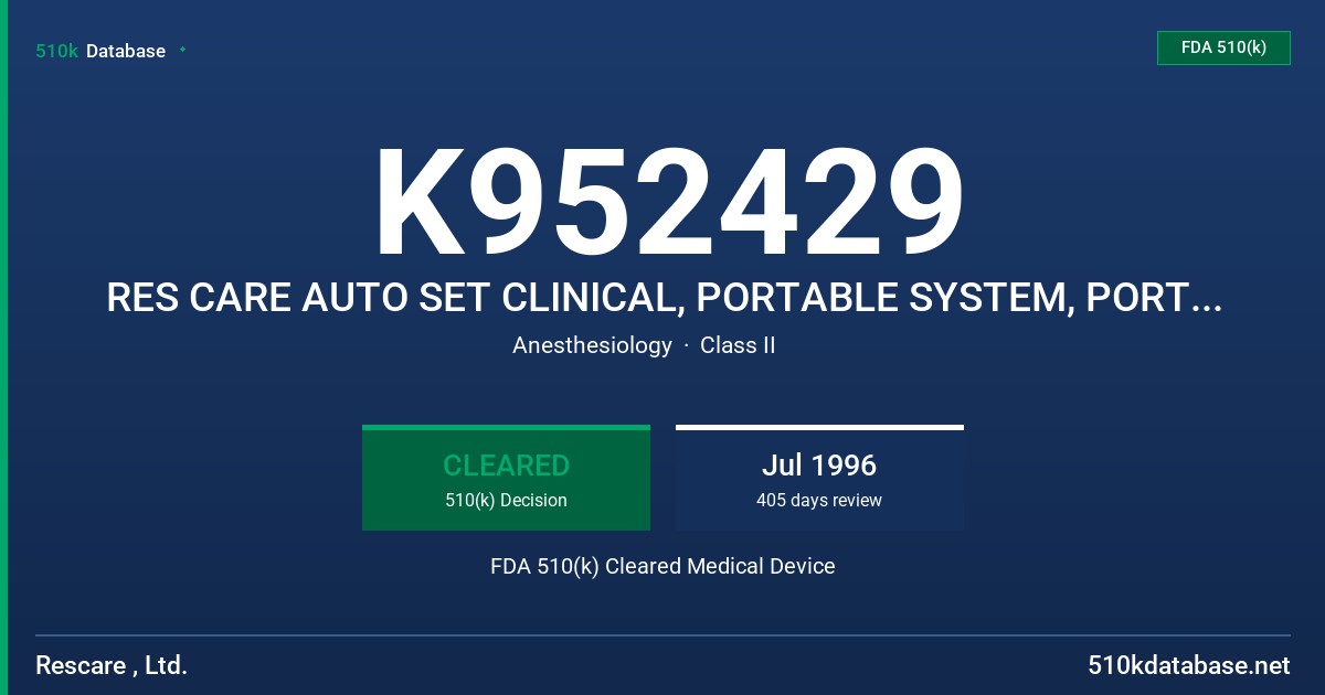K952429 RES CARE AUTO SET CLINICAL, PORTABLE SYSTEM, PORTABLE 2 SYSTEM FDA 510(k) Cleared Medical Device
