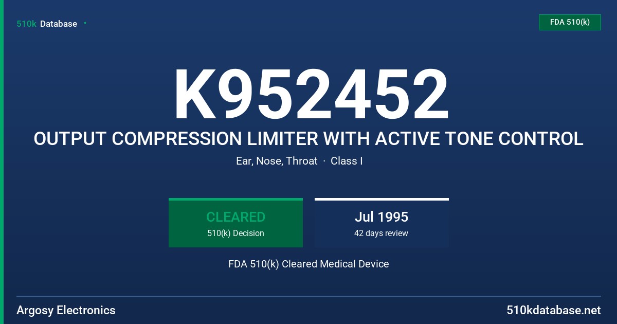 K952452 OUTPUT COMPRESSION LIMITER WITH ACTIVE TONE CONTROL FDA 510(k) Cleared Medical Device