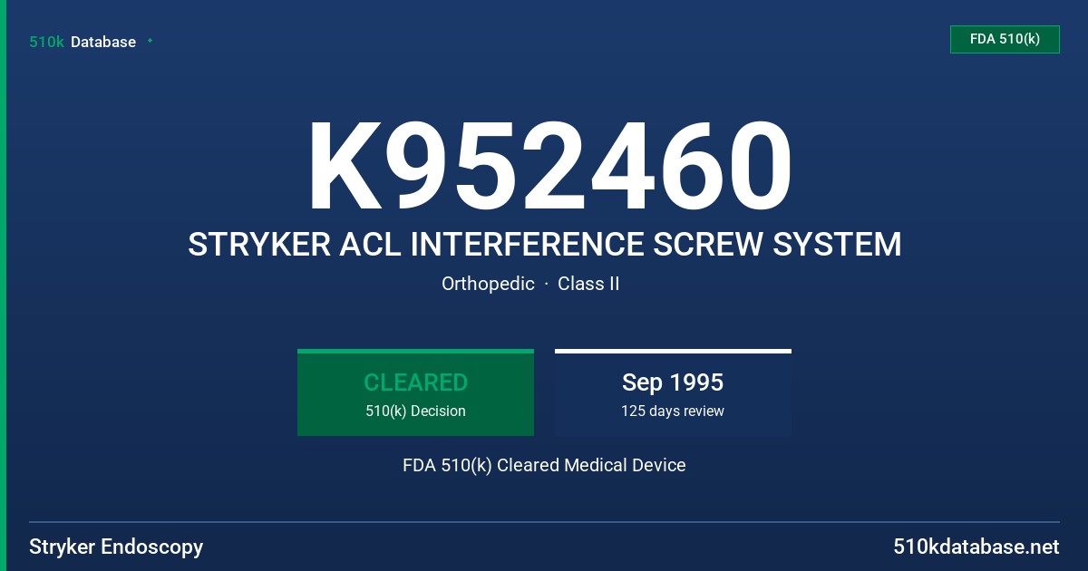K952460 STRYKER ACL INTERFERENCE SCREW SYSTEM FDA 510(k) Cleared Medical Device