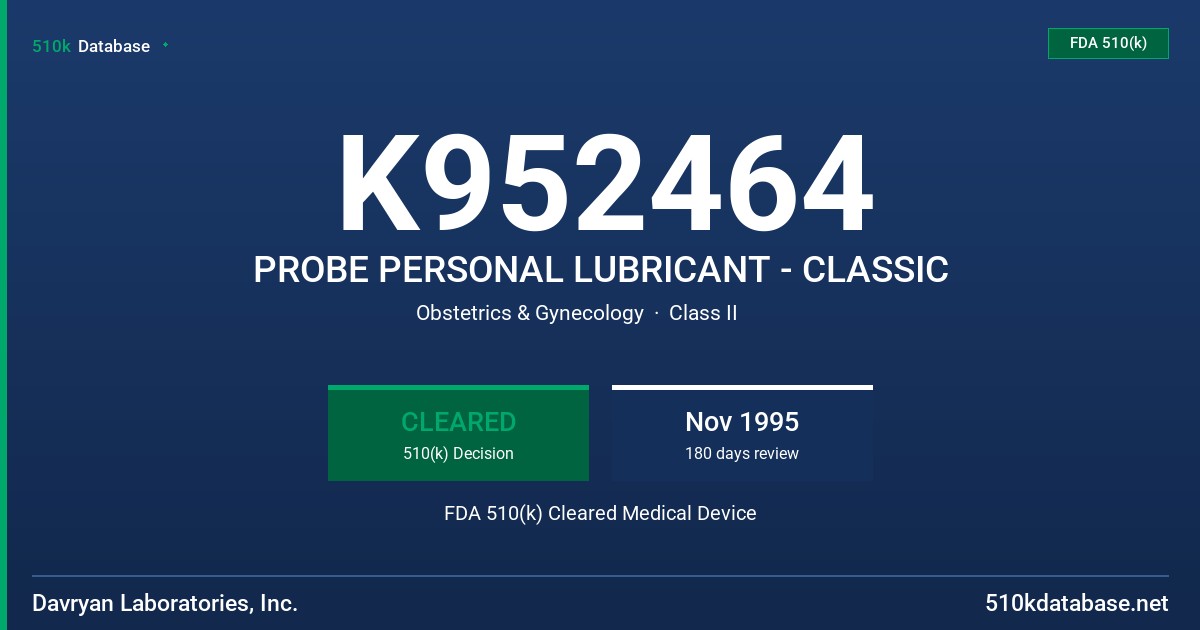 K952464 PROBE PERSONAL LUBRICANT - CLASSIC FDA 510(k) Cleared Medical Device