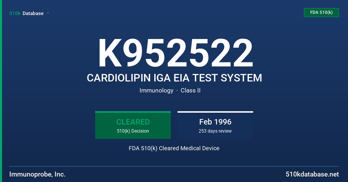 K952522 CARDIOLIPIN IGA EIA TEST SYSTEM FDA 510(k) Cleared Medical Device