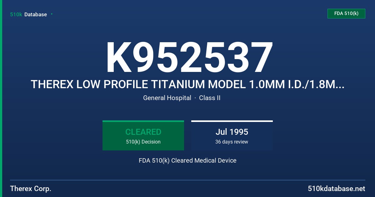 K952537 THEREX LOW PROFILE TITANIUM MODEL 1.0MM I.D./1.8MM O.D. FDA 510(k) Cleared Medical Device