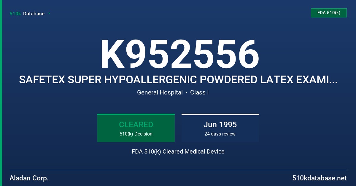 K952556 SAFETEX SUPER HYPOALLERGENIC POWDERED LATEX EXAMINATION GLOVE FDA 510(k) Cleared Medical Device