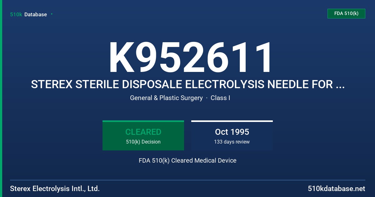K952611 STEREX STERILE DISPOSALE ELECTROLYSIS NEEDLE FOR USE IN EPILATION FDA 510(k) Cleared Medical Device