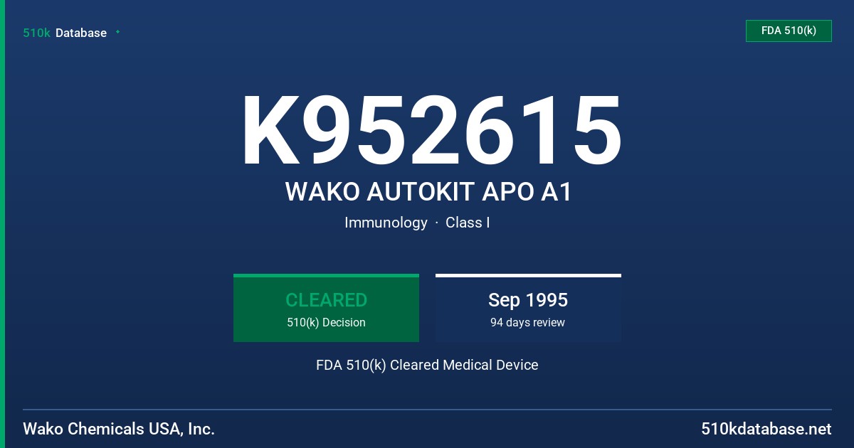 K952615 WAKO AUTOKIT APO A1 FDA 510(k) Cleared Medical Device