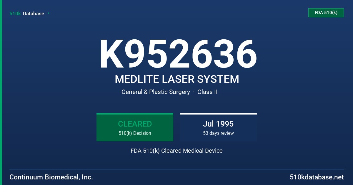 K952636 MEDLITE LASER SYSTEM FDA 510(k) Cleared Medical Device