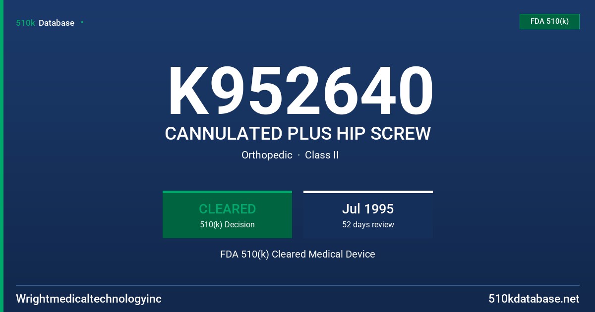 K952640 CANNULATED PLUS HIP SCREW FDA 510(k) Cleared Medical Device