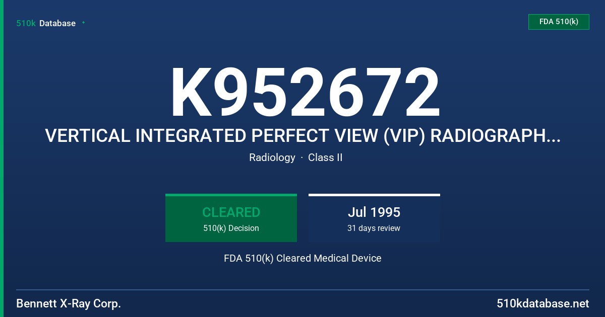K952672 VERTICAL INTEGRATED PERFECT VIEW (VIP) RADIOGRAPHIC SYSTEM FDA 510(k) Cleared Medical Device