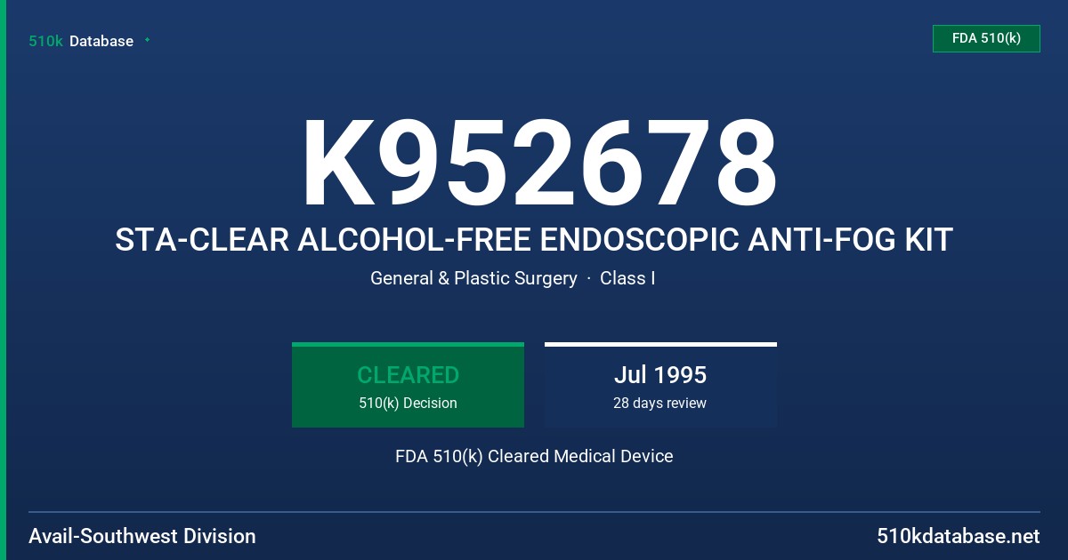 K952678 STA-CLEAR ALCOHOL-FREE ENDOSCOPIC ANTI-FOG KIT FDA 510(k) Cleared Medical Device