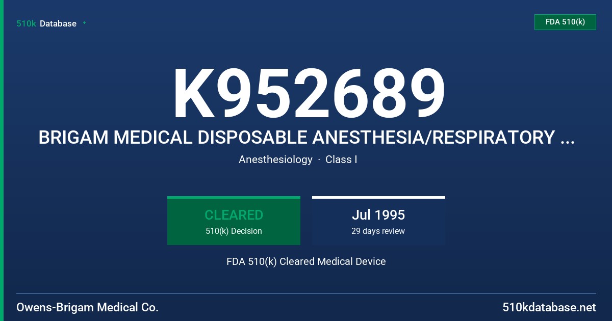 K952689 BRIGAM MEDICAL DISPOSABLE ANESTHESIA/RESPIRATORY FACE MASK FDA 510(k) Cleared Medical Device