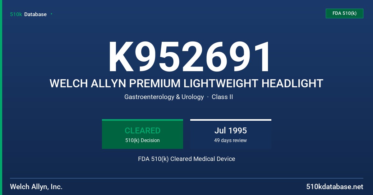 K952691 WELCH ALLYN PREMIUM LIGHTWEIGHT HEADLIGHT FDA 510(k) Cleared Medical Device