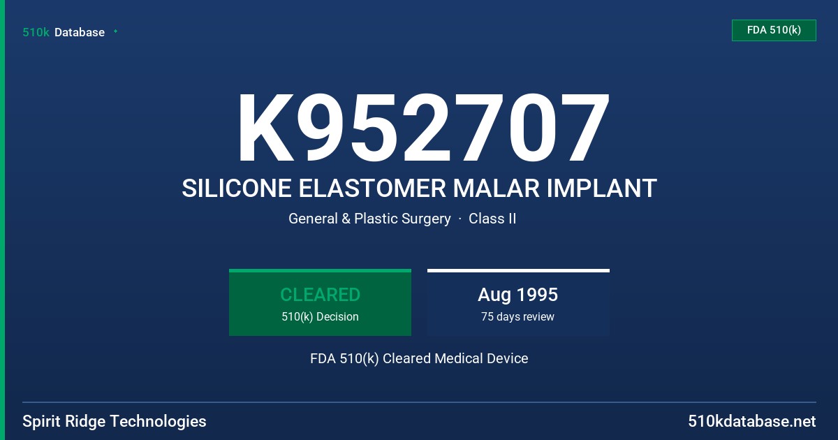 K952707 SILICONE ELASTOMER MALAR IMPLANT FDA 510(k) Cleared Medical Device