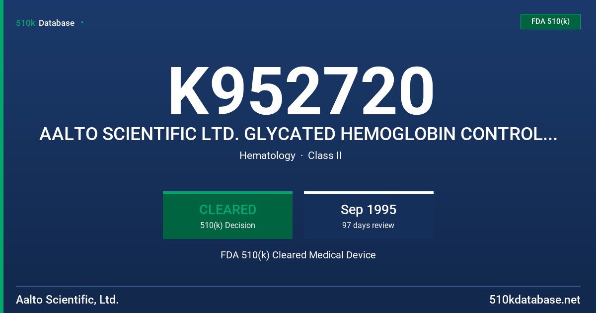 K952720 AALTO SCIENTIFIC LTD. GLYCATED HEMOGLOBIN CONTROL LEVELS I & II FDA 510(k) Cleared Medical Device