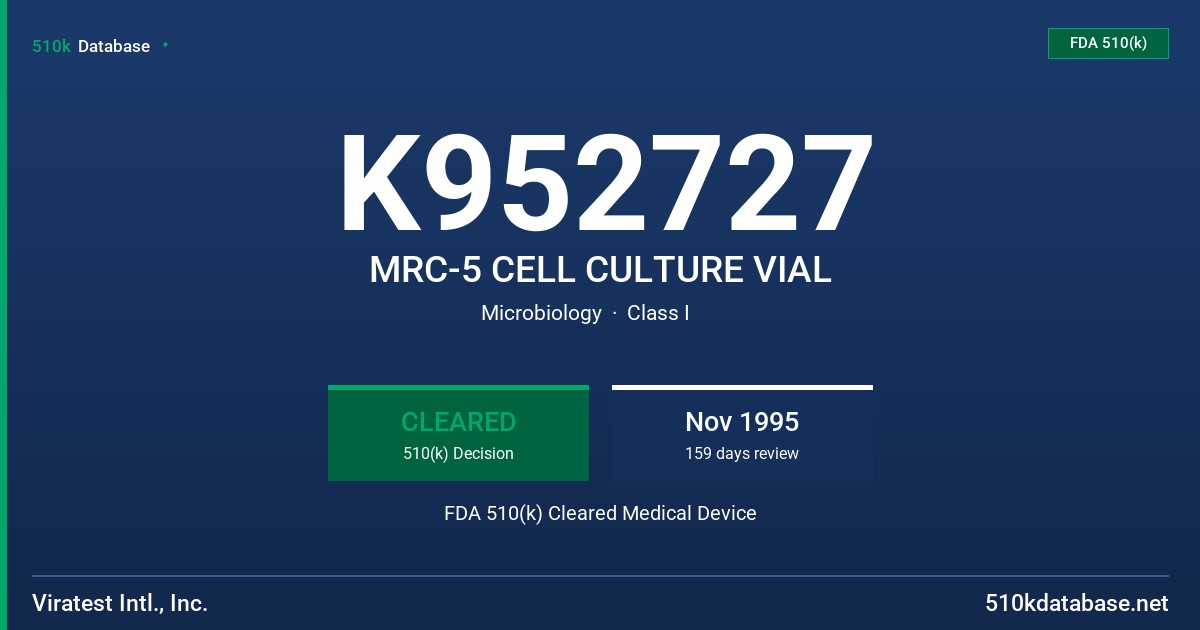K952727 MRC-5 CELL CULTURE VIAL FDA 510(k) Cleared Medical Device