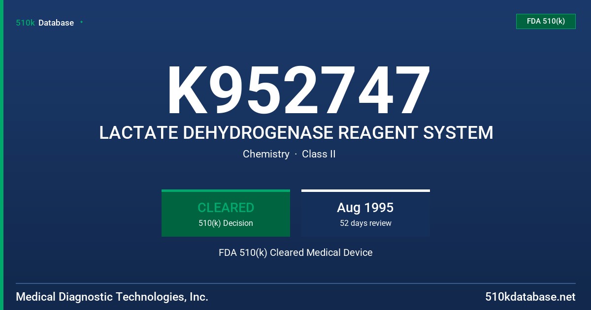 K952747 LACTATE DEHYDROGENASE REAGENT SYSTEM FDA 510(k) Cleared Medical Device