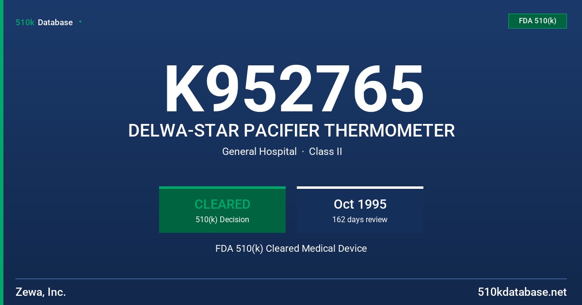 K952765 DELWA-STAR PACIFIER THERMOMETER FDA 510(k) Cleared Medical Device