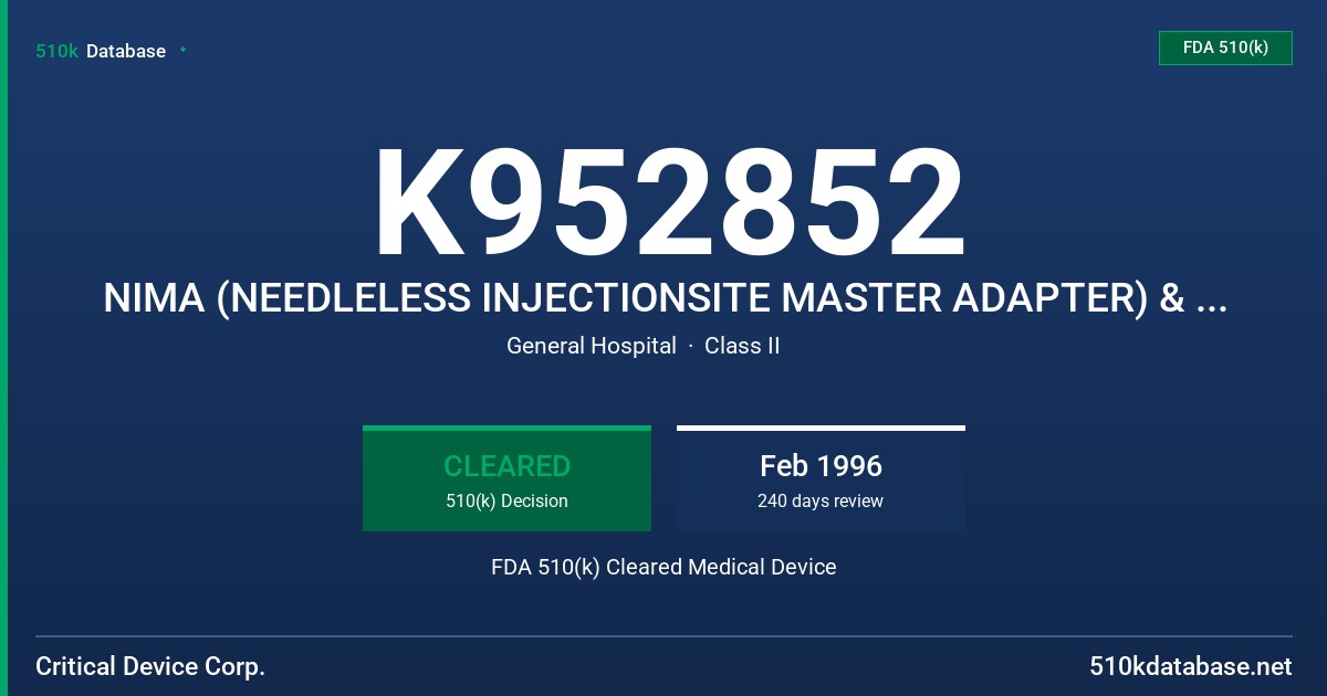 K952852 NIMA (NEEDLELESS INJECTIONSITE MASTER ADAPTER) & I.V. SET FDA 510(k) Cleared Medical Device