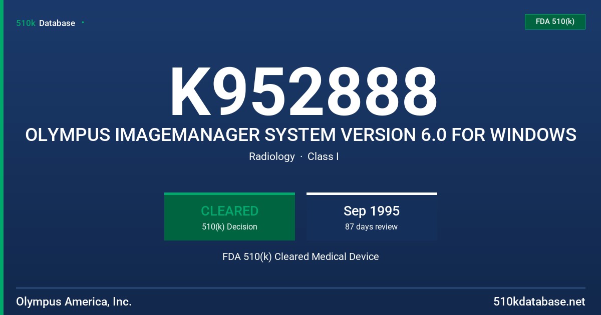 K952888 OLYMPUS IMAGEMANAGER SYSTEM VERSION 6.0 FOR WINDOWS FDA 510(k) Cleared Medical Device
