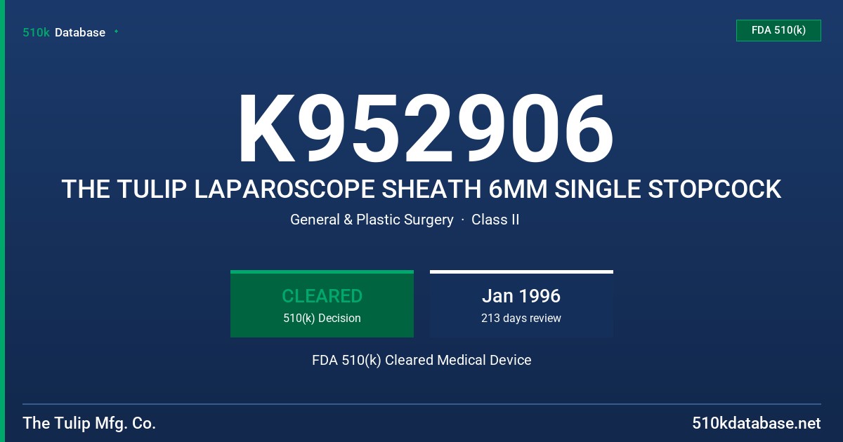 K952906 THE TULIP LAPAROSCOPE SHEATH 6MM SINGLE STOPCOCK FDA 510(k) Cleared Medical Device