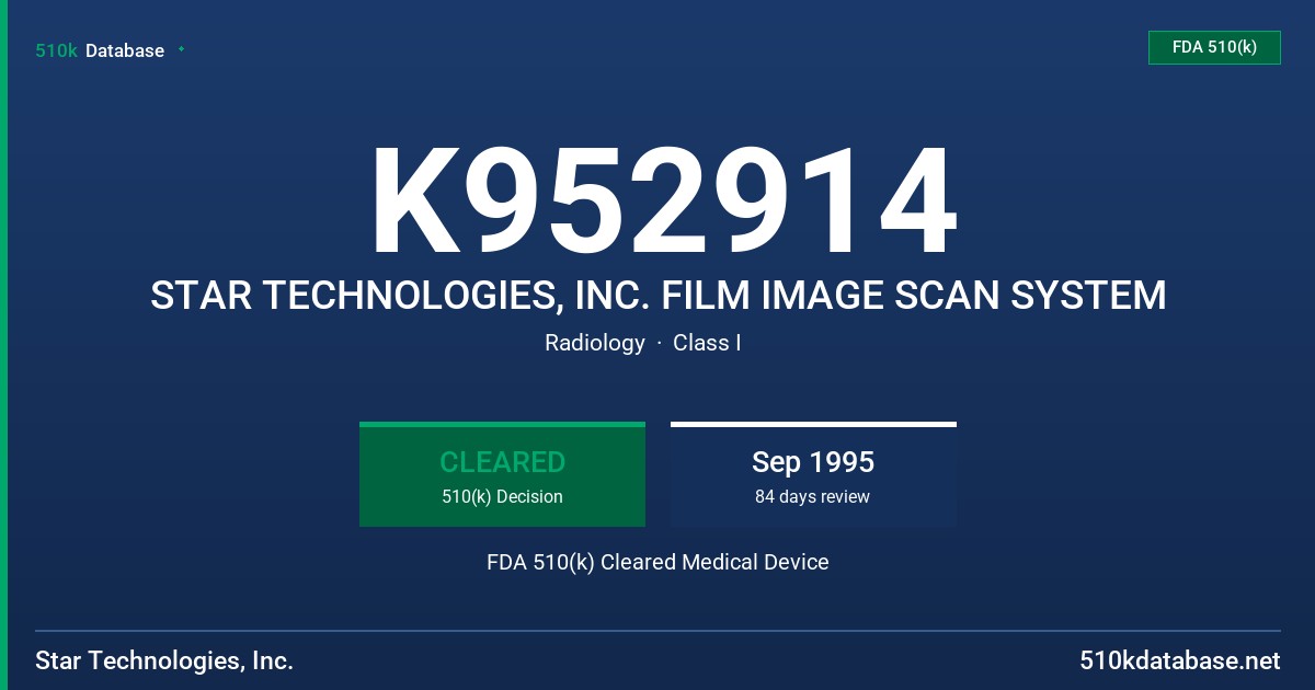 K952914 STAR TECHNOLOGIES, INC. FILM IMAGE SCAN SYSTEM FDA 510(k) Cleared Medical Device