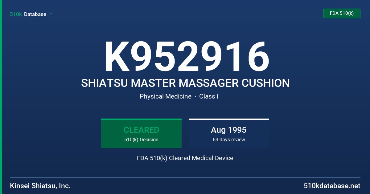 K952916 SHIATSU MASTER MASSAGER CUSHION FDA 510(k) Cleared Medical Device