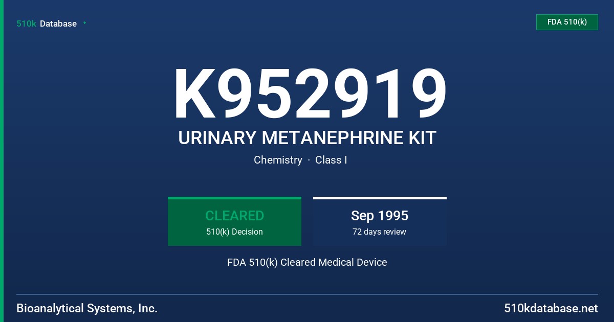 K952919 URINARY METANEPHRINE KIT FDA 510(k) Cleared Medical Device