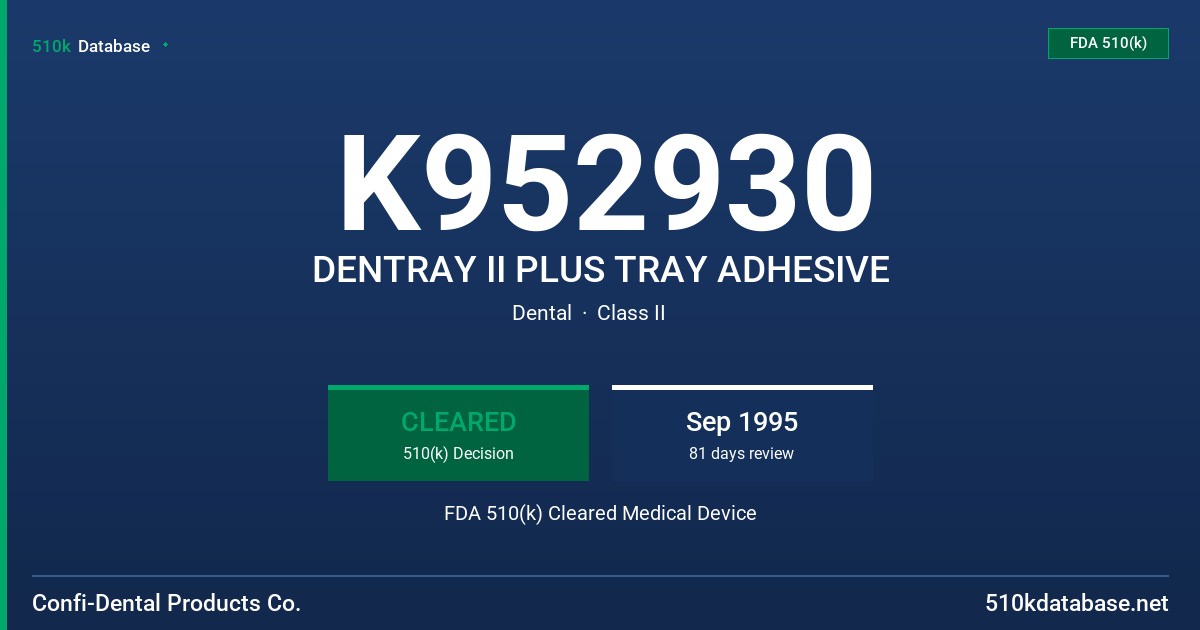 K952930 DENTRAY II PLUS TRAY ADHESIVE FDA 510(k) Cleared Medical Device