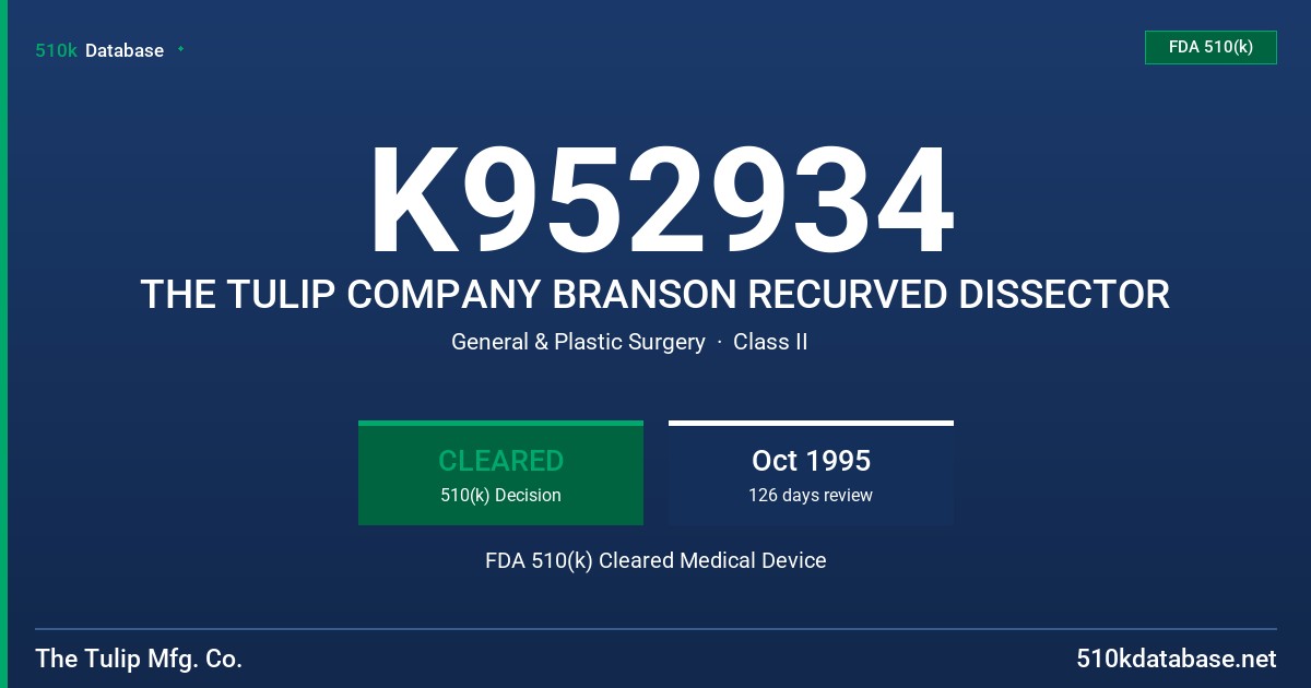 K952934 THE TULIP COMPANY BRANSON RECURVED DISSECTOR FDA 510(k) Cleared Medical Device