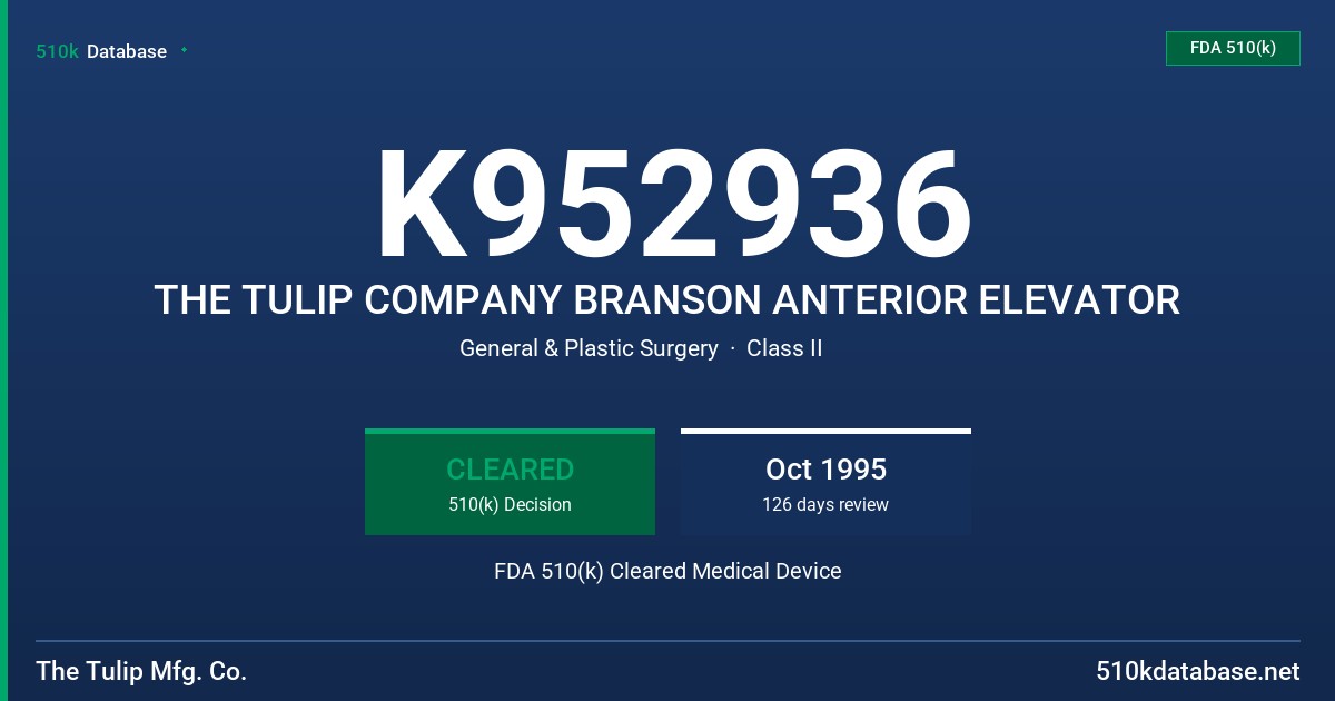 K952936 THE TULIP COMPANY BRANSON ANTERIOR ELEVATOR FDA 510(k) Cleared Medical Device