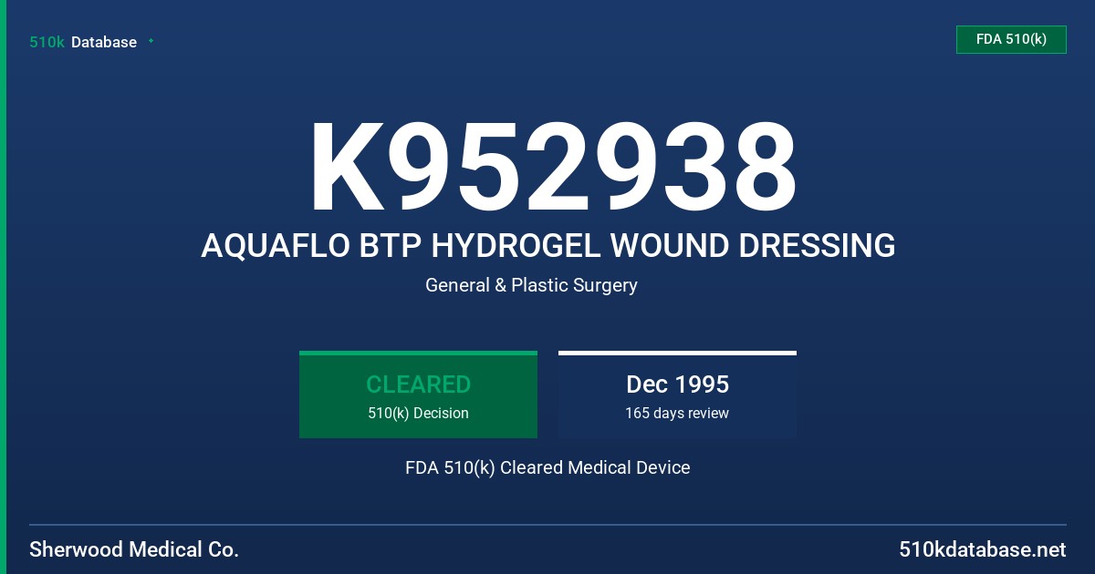 K952938 AQUAFLO BTP HYDROGEL WOUND DRESSING FDA 510(k) Cleared Medical Device