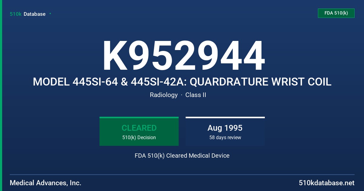 K952944 MODEL 445SI-64 & 445SI-42A: QUARDRATURE WRIST COIL FDA 510(k) Cleared Medical Device