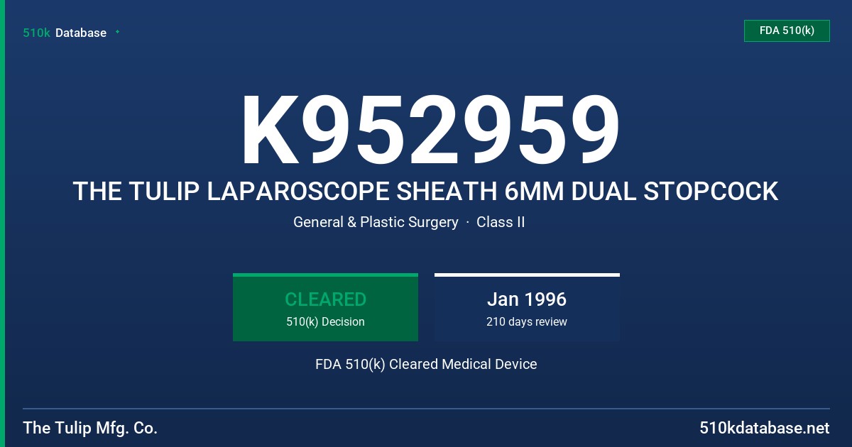 K952959 THE TULIP LAPAROSCOPE SHEATH 6MM DUAL STOPCOCK FDA 510(k) Cleared Medical Device