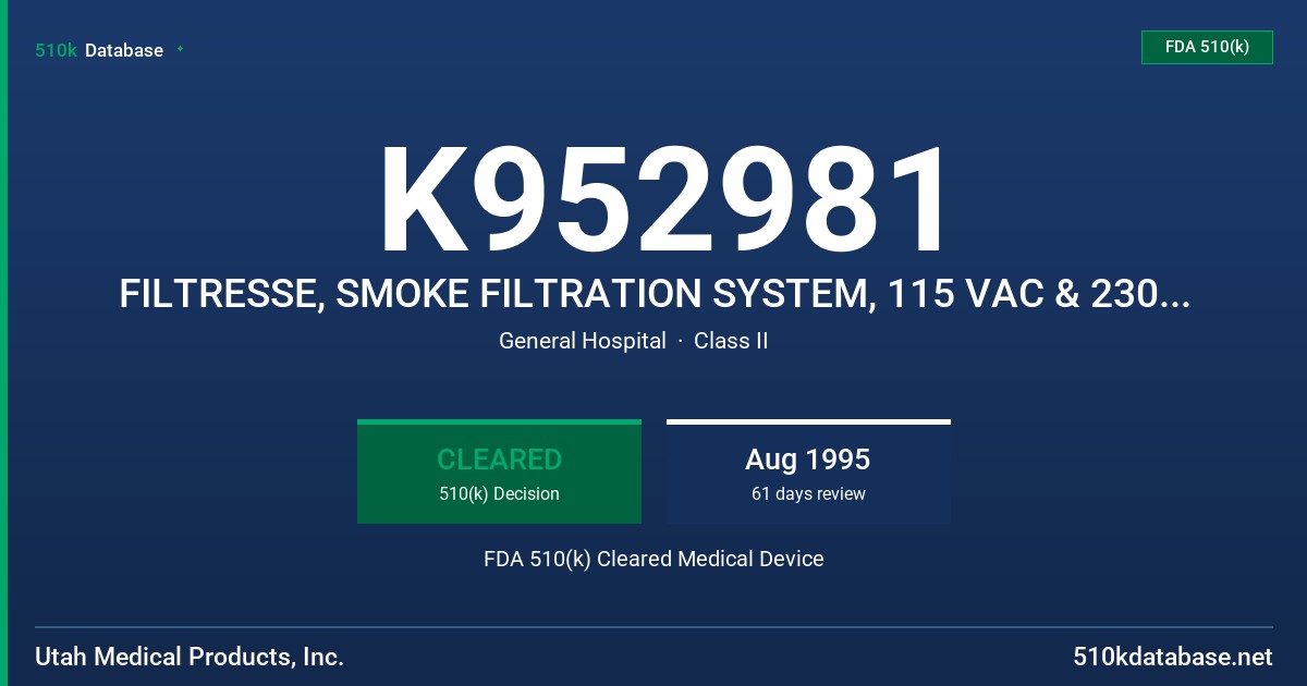 K952981 FILTRESSE, SMOKE FILTRATION SYSTEM, 115 VAC & 230 VAC FDA 510(k) Cleared Medical Device