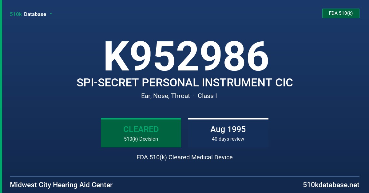 K952986 SPI-SECRET PERSONAL INSTRUMENT CIC FDA 510(k) Cleared Medical Device