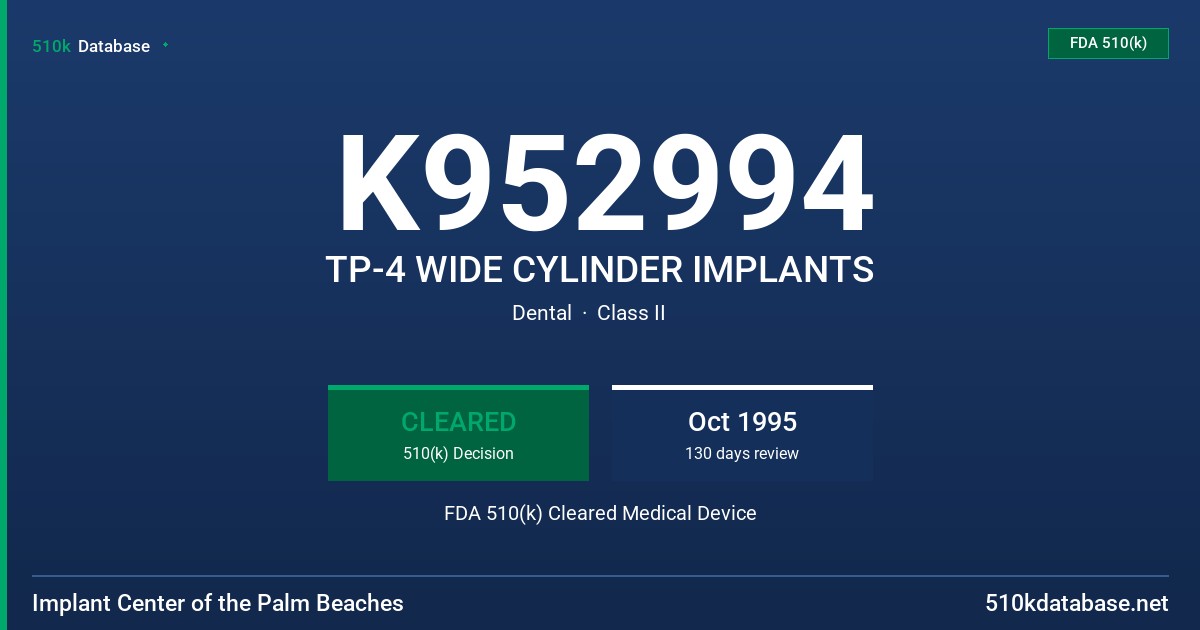 K952994 TP-4 WIDE CYLINDER IMPLANTS FDA 510(k) Cleared Medical Device